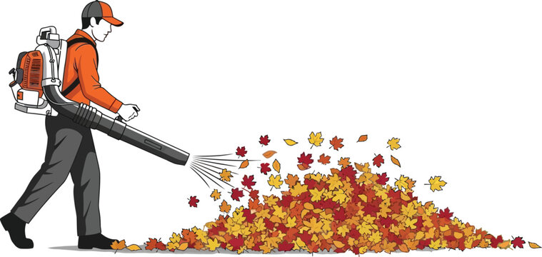 This vector illustration graphic design shows a man with a backpack blower in an orange shirt gathering leaves in a pile during autumn cleanup.