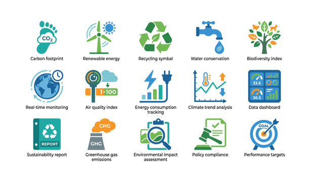Environmental monitoring icons showing sustainability metrics on white