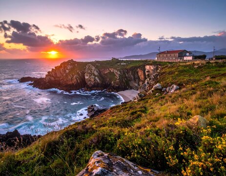 Coastal scene bathed in the golden hour, cliffs meet foamy waves under a vibrant sky, a building sits on a grassy bluff