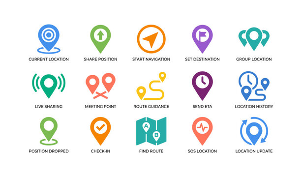 Location icons showing navigation features and sharing on white