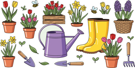 Gardening Tools and Spring Flowers Vector Set Featuring Tulips, Daffodils, Watering Can, Boots, and Garden Accessories for Floral and Gardening Designs © Creative Studio 