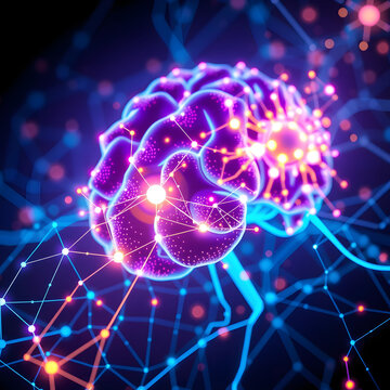 Cervello digitale luminoso in una rete neurale astratta, concetto di intelligenza artificiale e machine learning, rendering 3D	