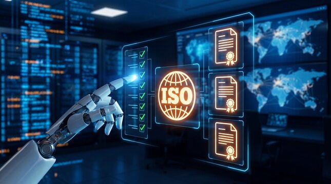 Quality manager verifying iso compliance with digital audit checklist in server room