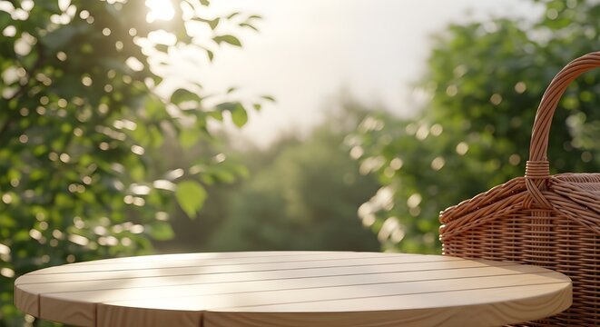 Empty wooden tabletop for product mockup with blurred summer park background