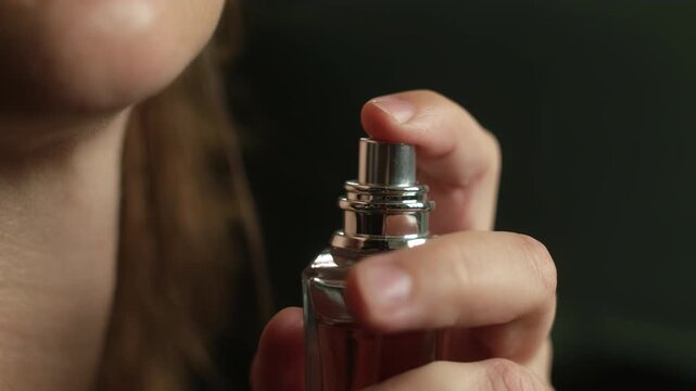 Woman spraying perfume on her neck. Close up hands with perfume bottle.