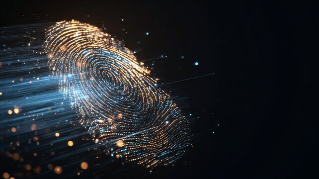 Digital glowing fingerprint scan with motion blur data particles in gold and blue. Concept of biometric security, identity verification, and personal data privacy protection technology.