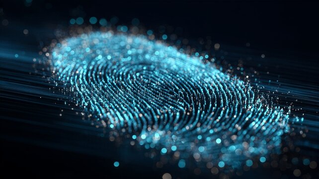Detailed blue glowing fingerprint made of light particles on a dark digital surface. Conceptual representation of cybersecurity, biometric authentication, and digital footprint.