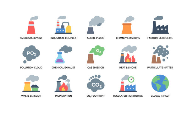 Pollution icons arranged in grid on white background