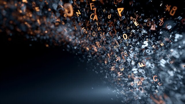 Swirling vortex of glowing orange and silver alphabet particles in a dark void. Conceptual representation of data chaotic entropy, algorithm processing, and cyber communication.