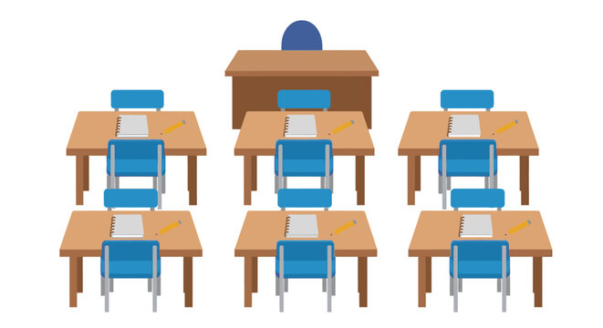 School desks and chairs arranged classroom.