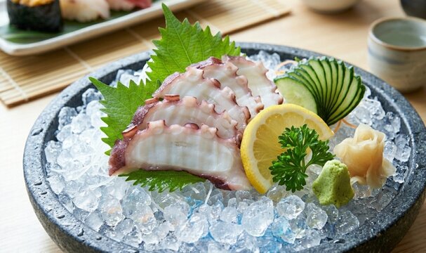 Fresh octopus sashimi slices served on ice with shiso leaf, lemon, and wasabi in a black bowl. Professional Japanese seafood restaurant presentation.