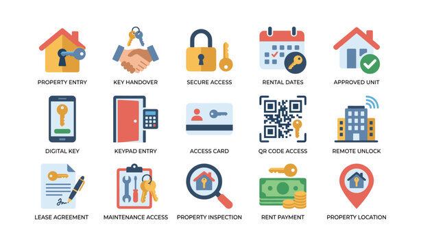 Property access and rental icons showing entry on white background