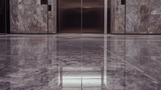Modern building lobby featuring a sleek, polished marble floor with vivid reflections of the elevator doors and textured wall panels, creating a sense of luxury and contemporary architecture