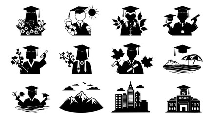 Obraz premium Silhouette graduation icons set featuring students in caps gowns seasonal motifs cityscapes and school building