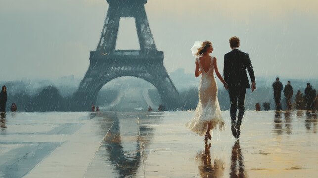 Happy Wedding couple in rain,london or paris,Young joyful bride and groom emotionally dancing,honeymoon and romantic time,valentine,sweet moment,copy space.
