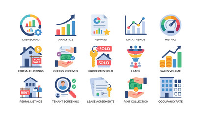 Obraz premium Real estate analytics and listing icons arranged on white field