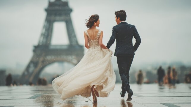 Happy Wedding couple in rain,london or paris,Young joyful bride and groom emotionally dancing,honeymoon and romantic time,valentine,sweet moment,copy space.