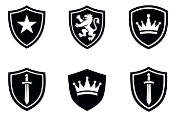 Obraz premium Symbolic shield icons set featuring a star, lion, crowns, and swords for branding and security