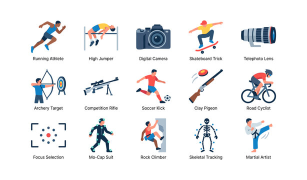 Sports icons illustrating athletic actions on white background
