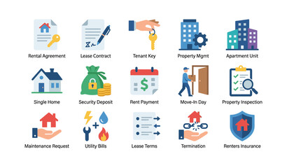 Fototapeta premium Property icons illustrating rental process and tenant services