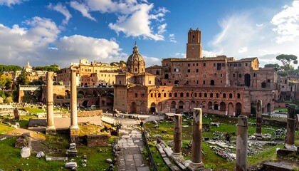Fototapeta premium Expansive view of ancient ruins with tall columns, aged structures, and a domed church under a bright blue sky
