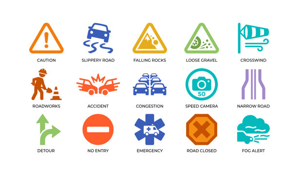 Road hazard icons showing warnings and traffic on white background
