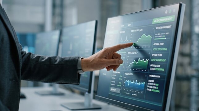 Hand pointing at energy management dashboard on computer screen showing solar and wind output graphs, active monitoring of renewable power systems in control room environment.