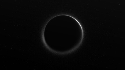 Dark cosmic ring with subtle glow and star field on black background. Abstract 4K eclipse scene with particle halo and deep space atmosphere. © Vooper