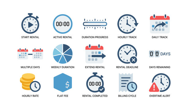 Rental and time tracking icons arranged on white background
