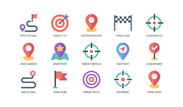 Map pins and target icons arranged in grid on white background