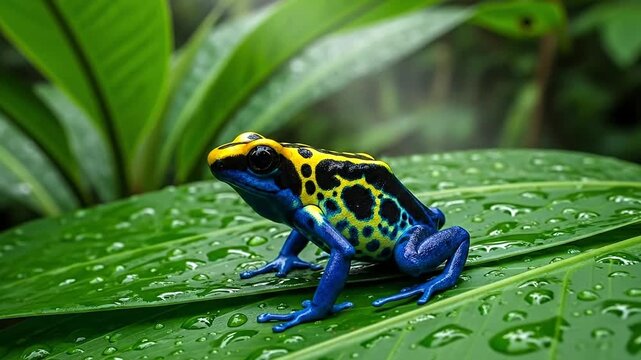 A vibrant frog perched on lush green leaves, showcasing nature's beauty.