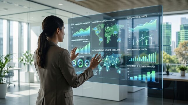 Businesswoman analyzing global sustainability data on futuristic transparent screen, renewable energy efficiency index and carbon emissions reduction charts in modern office