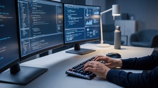Software developer typing code on mechanical keyboard with dual monitor setup displaying programming script and analytics dashboard, late night work atmosphere, web development