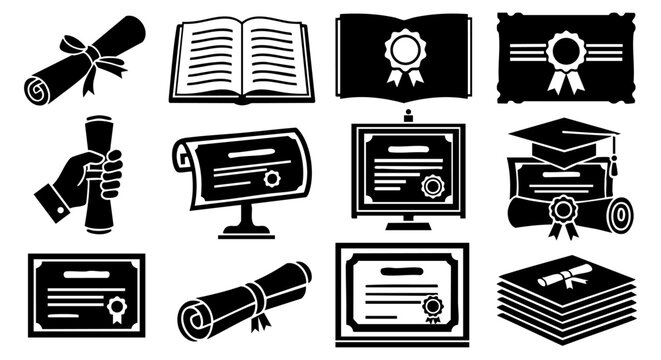 Comprehensive collection of educational success icons representing academic achievement, professional certification, and university graduation. Diverse symbols for diplomas, degrees, and scholarly acc