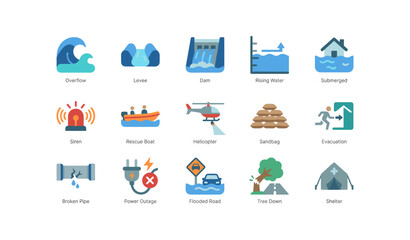 Obraz premium Flood hazard and emergency response icons on white background
