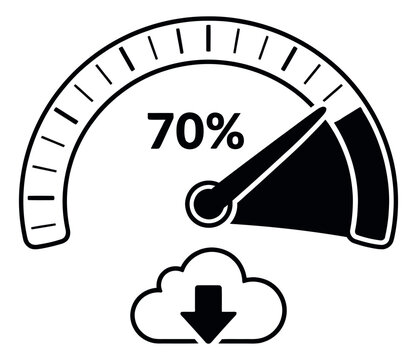 Line art illustration of data download status depicting 70 percent completion for internet progress tracking