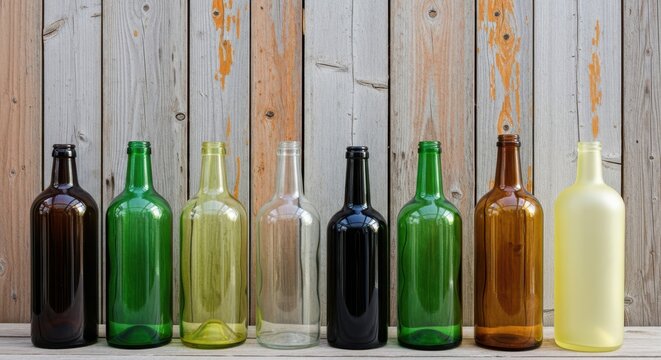 Row of various empty glass bottles of different colors standing in front of a rustic wooden wall