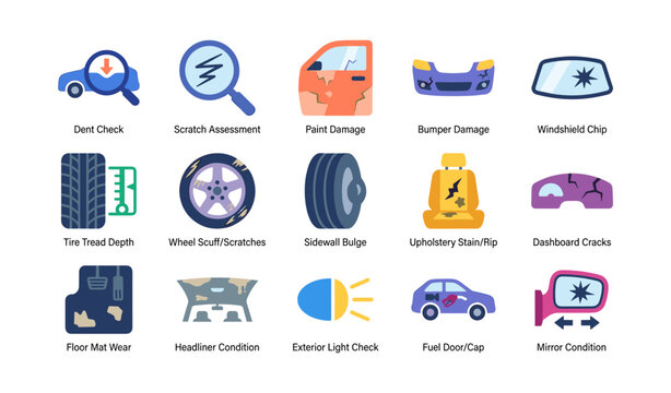 Vehicle inspection icons showing damage checks and condition