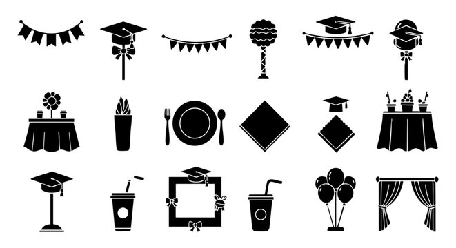 Comprehensive collection of graduation celebration decorative elements featuring banners, caps, tableware, and party supplies for memorable academic distinction events