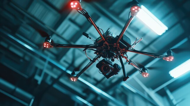 Drone hexacopter flying with camera capturing video production