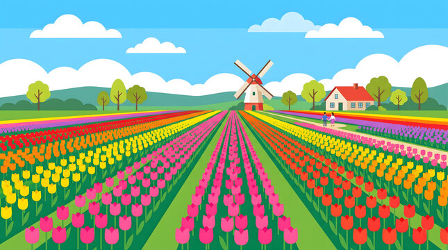 Tulip farm stretches across a vast valley featuring parallel flower beds and a rustic windmill.