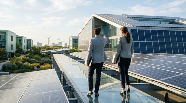 Business partners inspecting commercial building with solar panels and wind turbines, green architecture and sustainable urban development planning meeting.