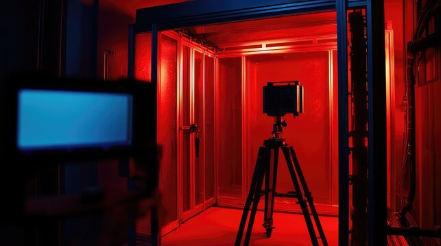 Camera on tripod in scientific darkroom