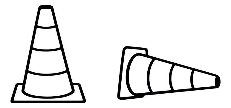 Line art traffic cone set featuring an upright and a fallen cone for road safety and construction