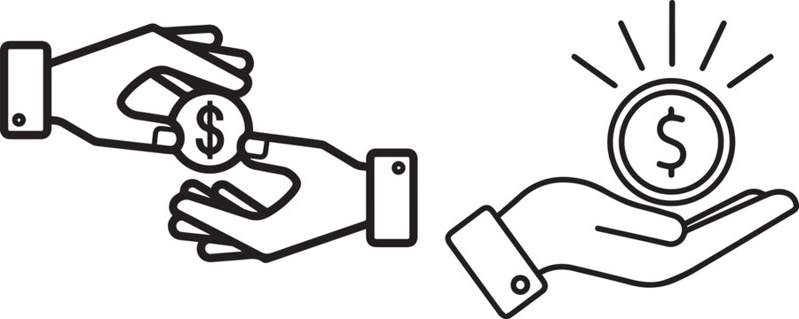 Business hands illustration one giving a coin other receiving a glowing coin business receiving