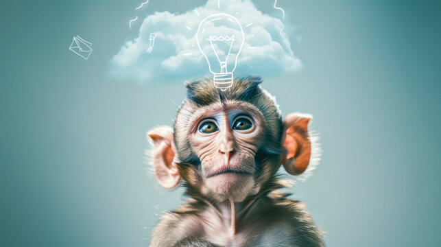 Gray neutral background primate closeup thinking confused ideas smoke lightbulb copyspace design