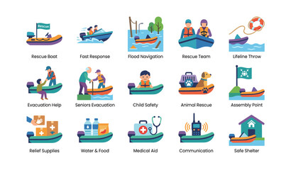 Fototapeta premium Flood and rescue icons showing boats and evacuation tools