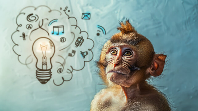 Clean gray backdrop primate closeup thinking confused ideas smoke tangled copyspace illustration