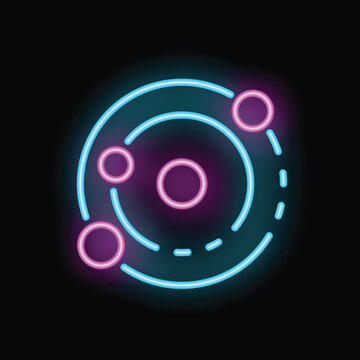 Neon solar system icon glowing on dark background representing astronomy and space