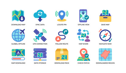 Fototapeta premium Map and navigation icons showing gps and download features on white